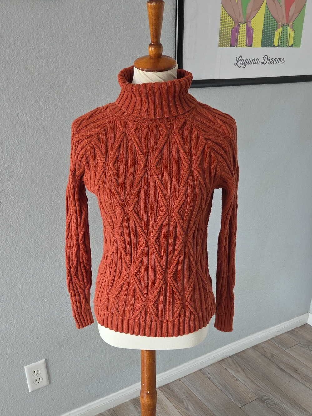 Colour Eighteen Cable Knit Turtleneck Sweater in Rust Small